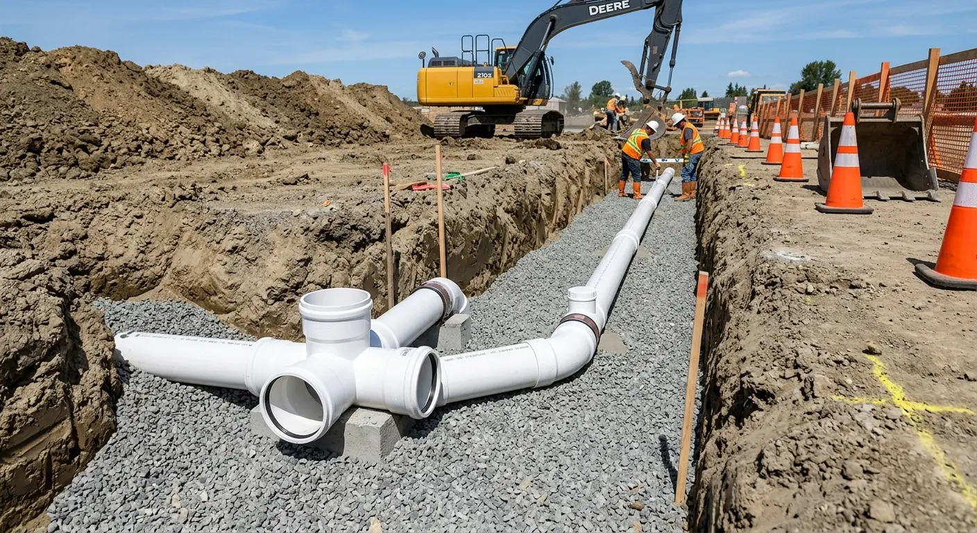 New PVC sewer pipe installation in open trench for Sewer Backup in Copperas Cove