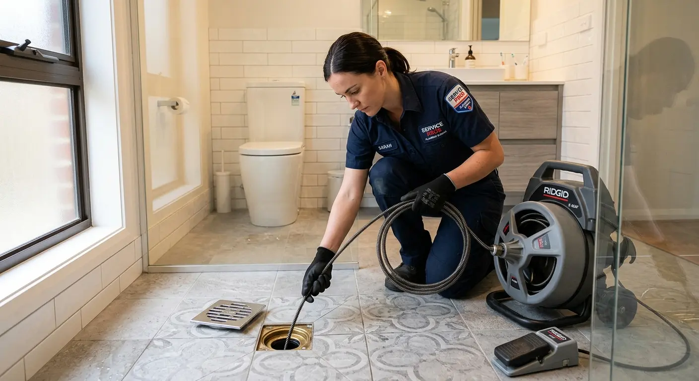 Technician clearing a bathroom floor drain for Sewer Line Replacement in Copperas Cove